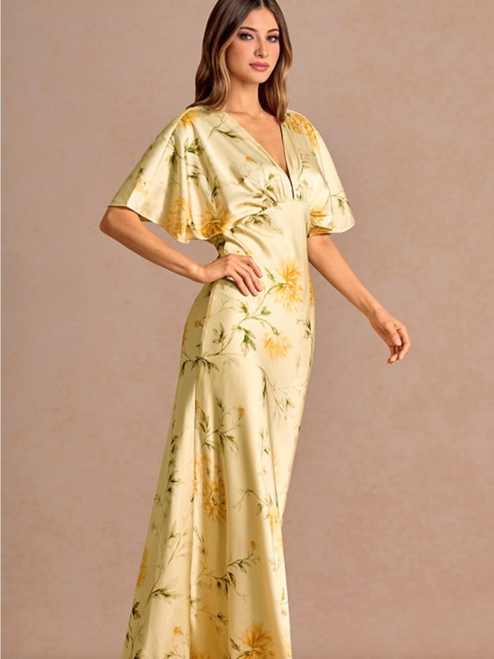 Azazie Pale Yellow Floral Satin V-Neck Maxi Dress